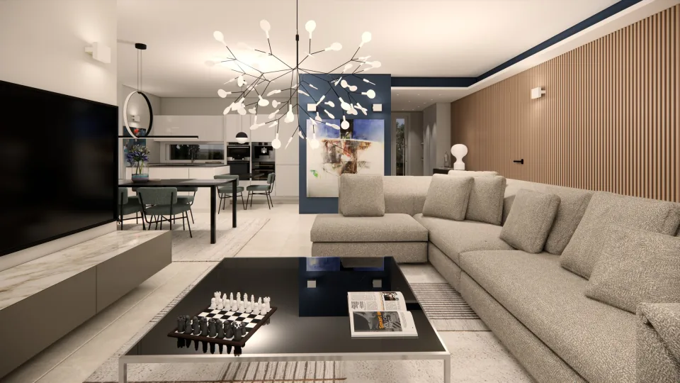 Render della zona giorno di una villa di nuova costruzione con cucina e living, progetto d'interni Mariani Design